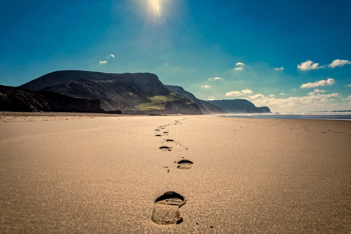 footsteps, beach, sand
